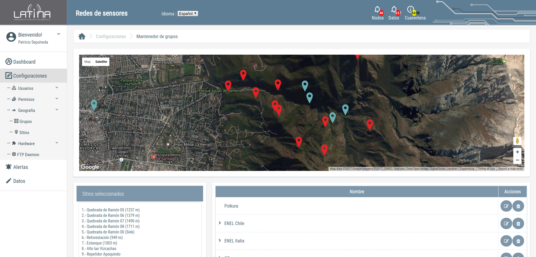 LatinaUC Screenshot: Sensors Group edition view