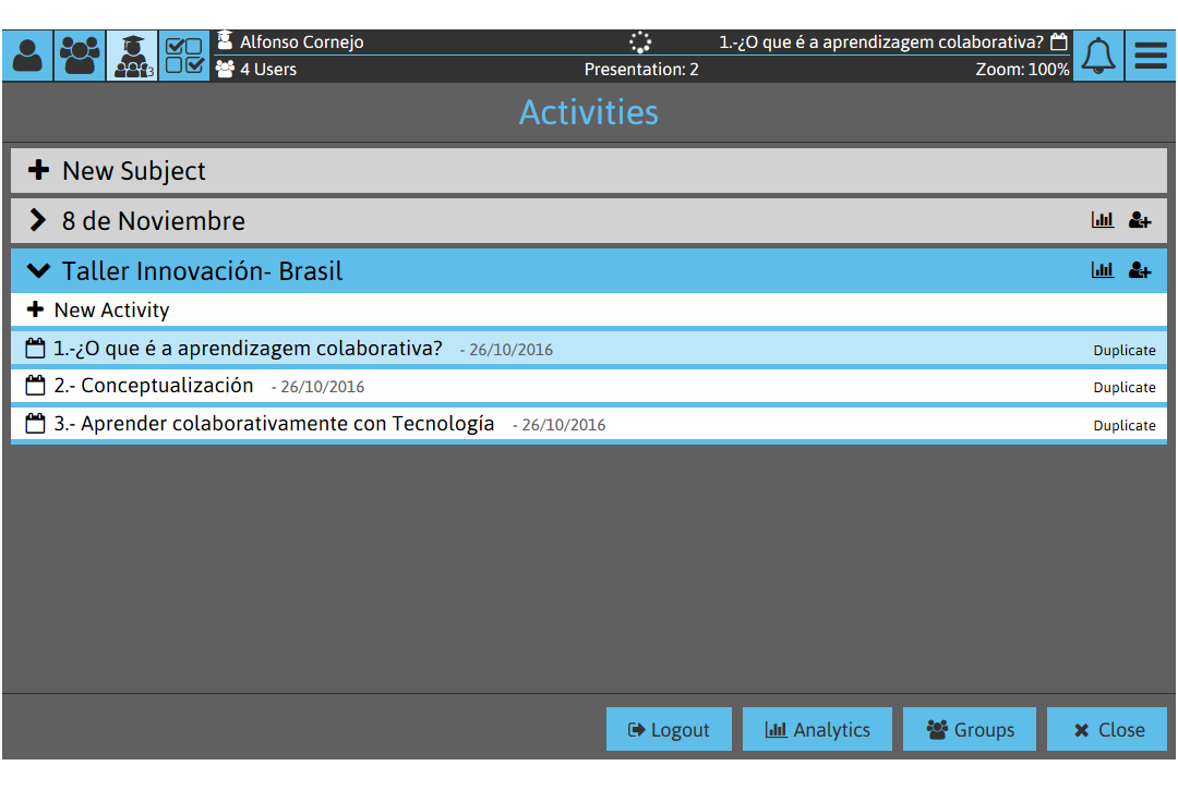 Sketchpad Screenshot: Subject and Activity selection