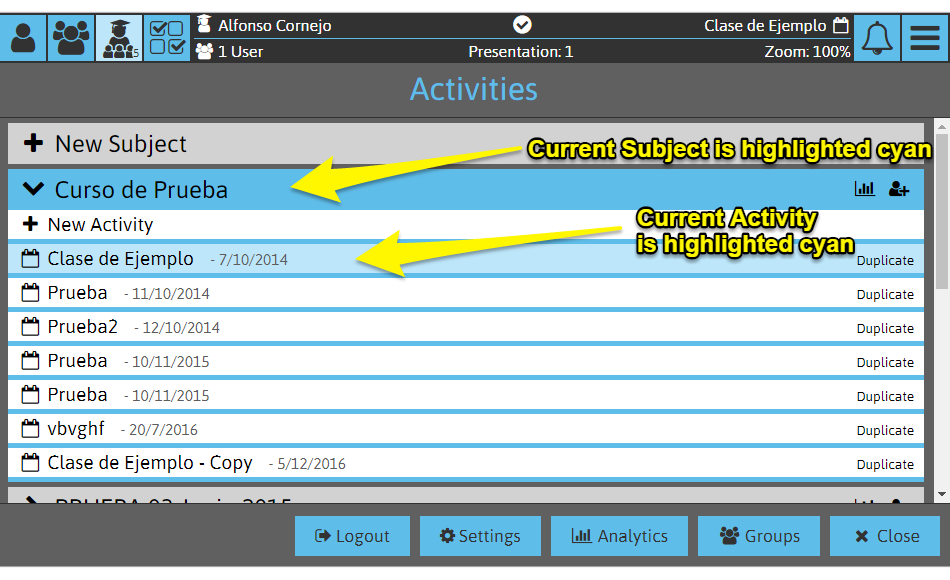 Sketchpad User Manual: Current Subject and Activity