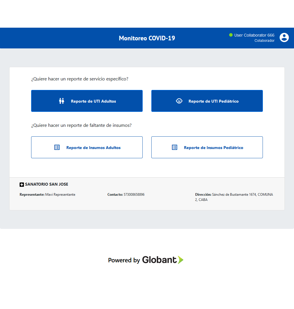 COVID-19 Dashboard Report selection page