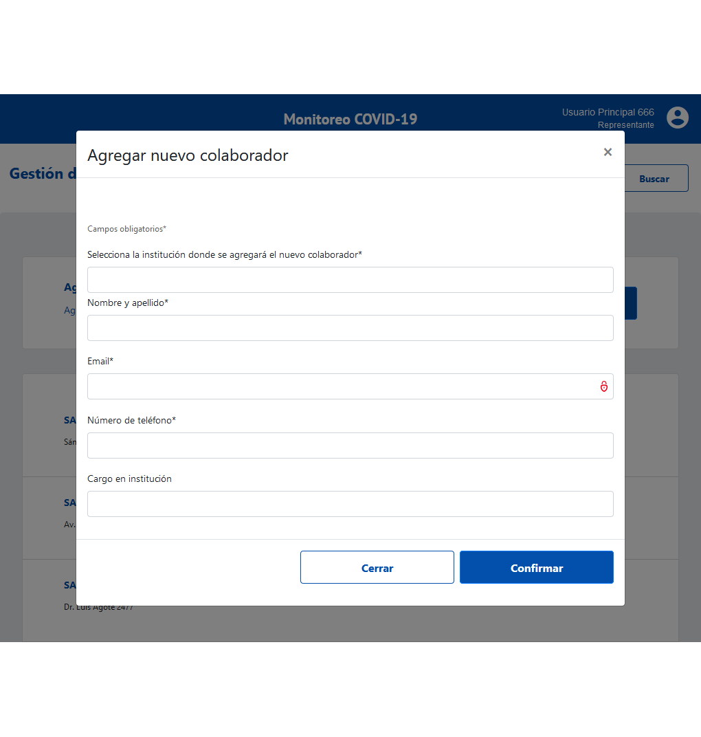 COVID-19 Dashboard Collaborator creation interface