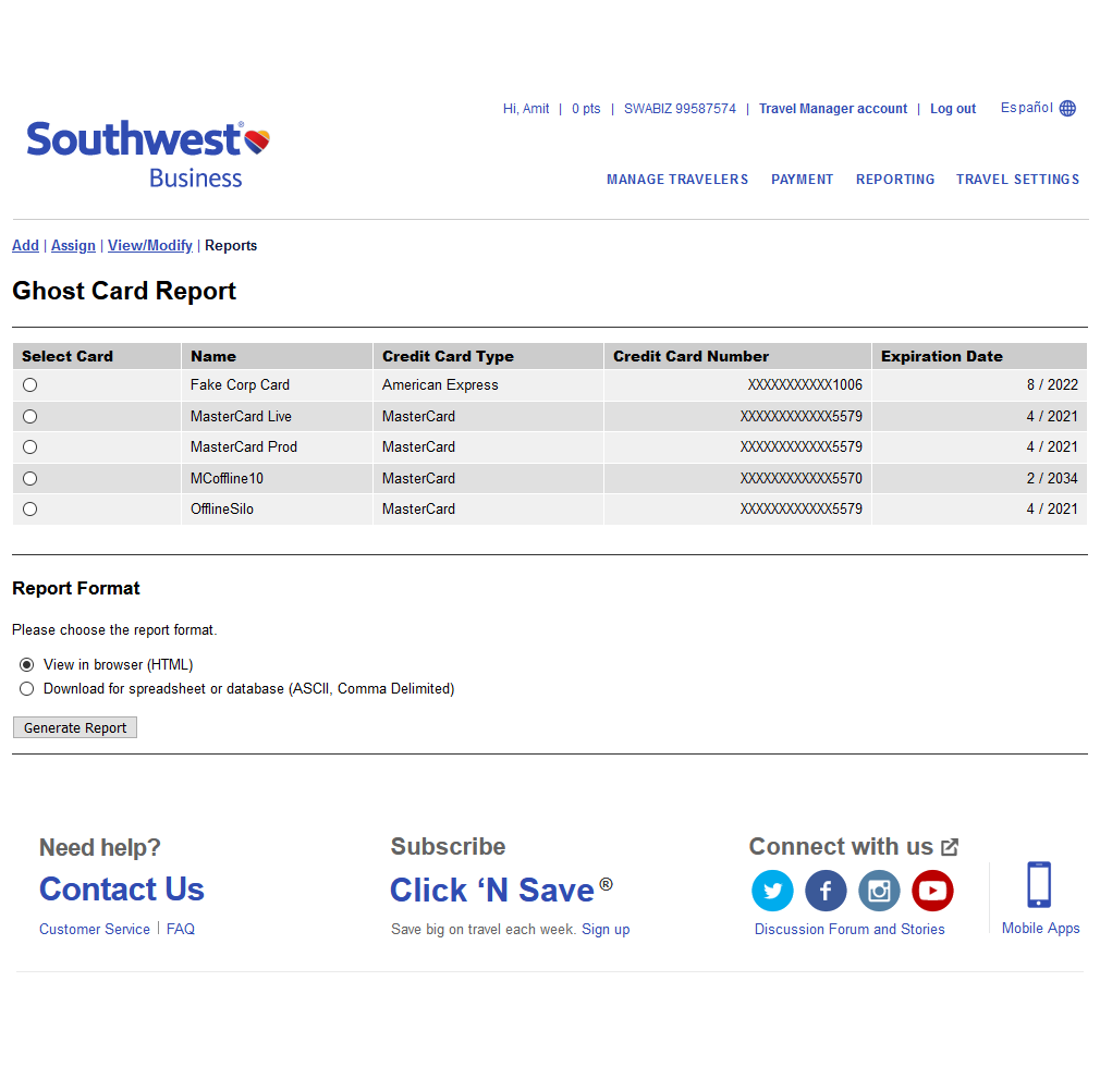 Southwest Business Ghost Card Report