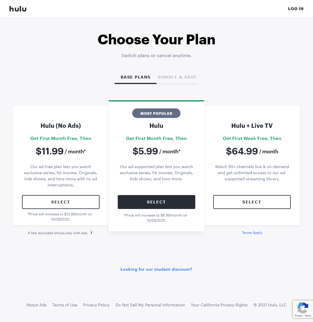 Hulu Signup Choose Your Plan Page