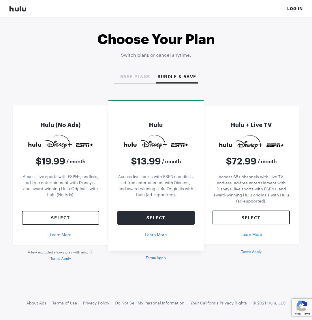Hulu Signup Choose Your Plan Page Bundle & Save tab