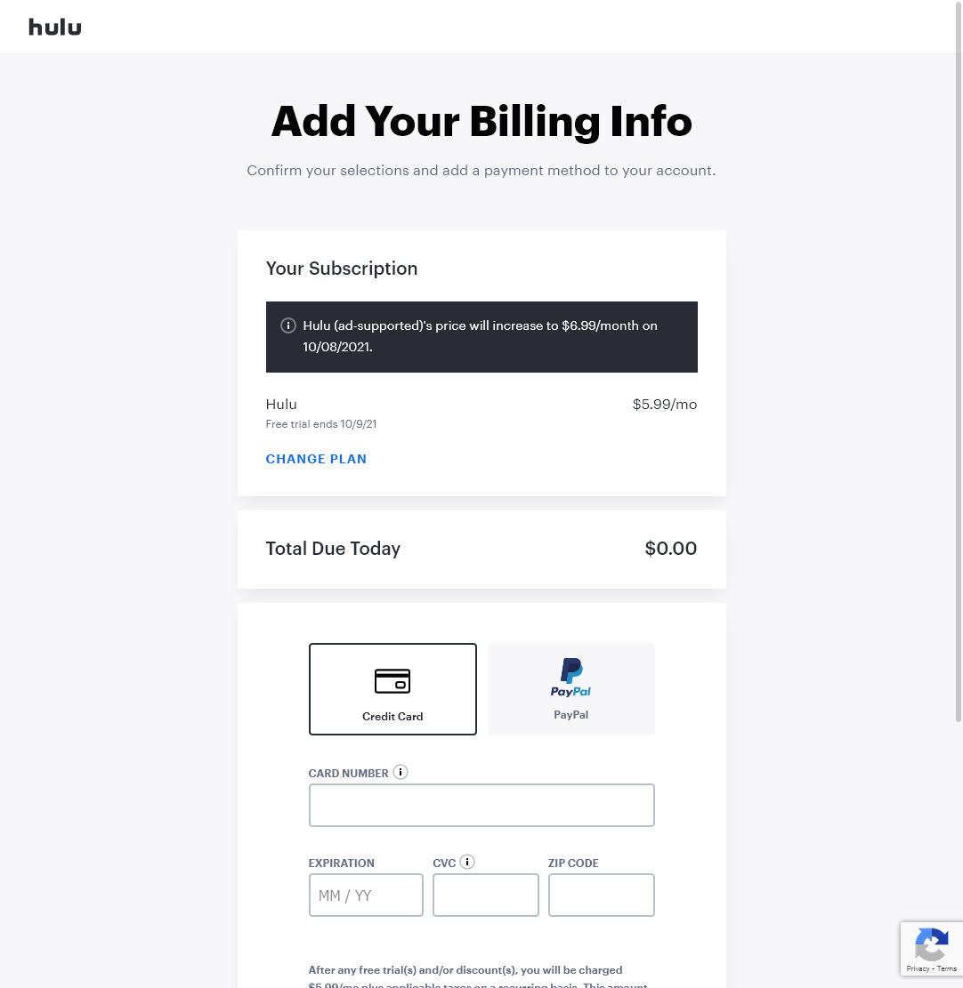 Hulu Signup Add Your Billing Info Page