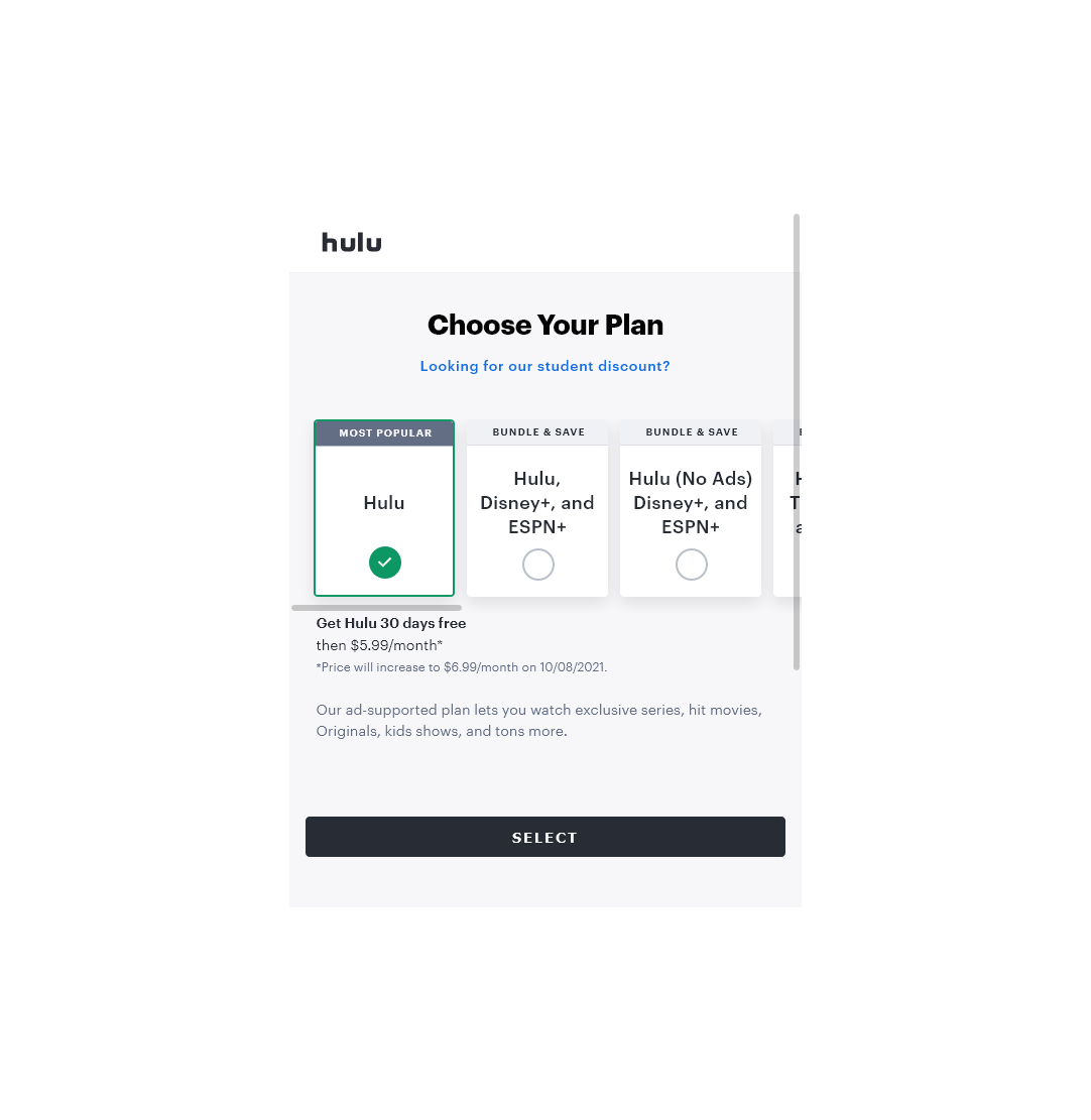 Hulu Signup Choose Your Plan Page Mobile size